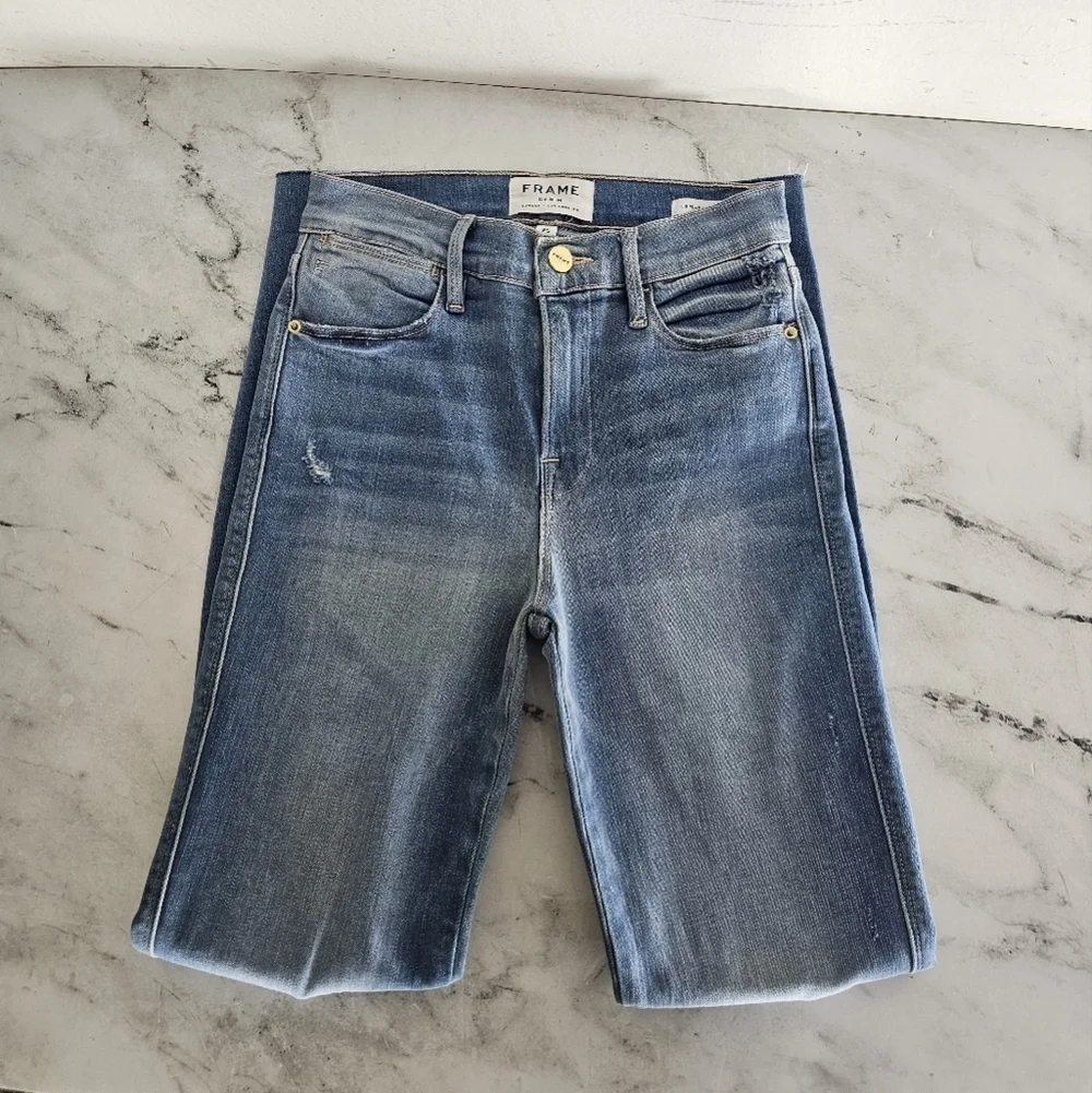 Frame Denim Le High Rise Skinny Crop Blue‎ Distressed Jeans 25 Preowned